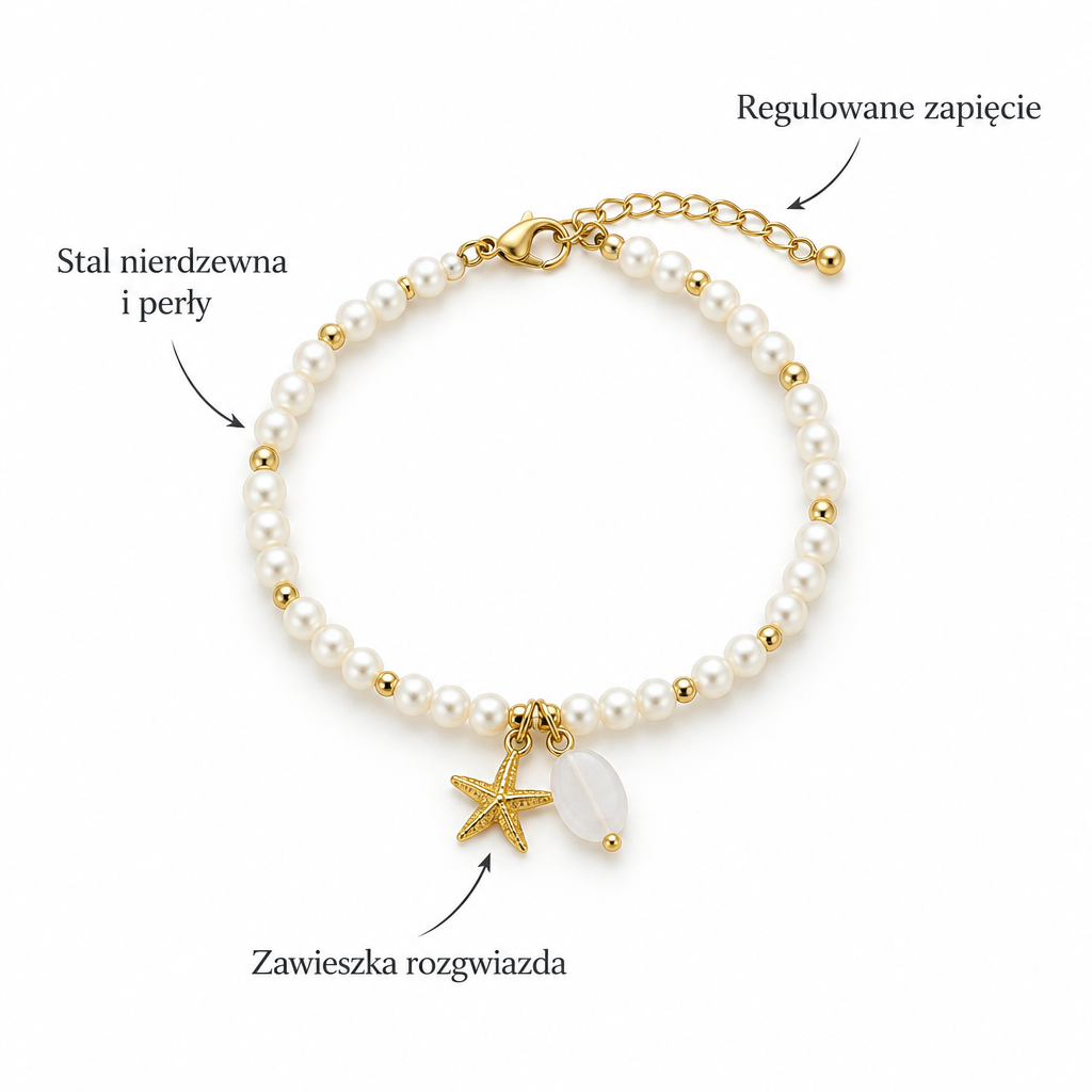 Bransoletka z rozgwiazda, specyfikacja po polsku, stal nierdzewna i perly, regulowane zapiecie