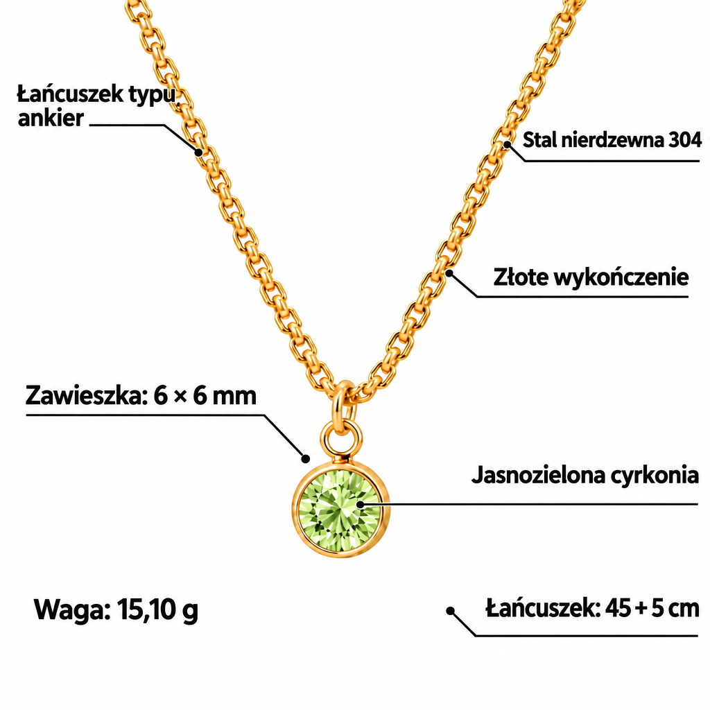 Specyfikacja naszyjnika: stal 304, złote wykończenie, jasnozielona cyrkonia, zawieszka 6 × 6 mm, łańcuszek 45 + 5 cm, waga 15,10 g