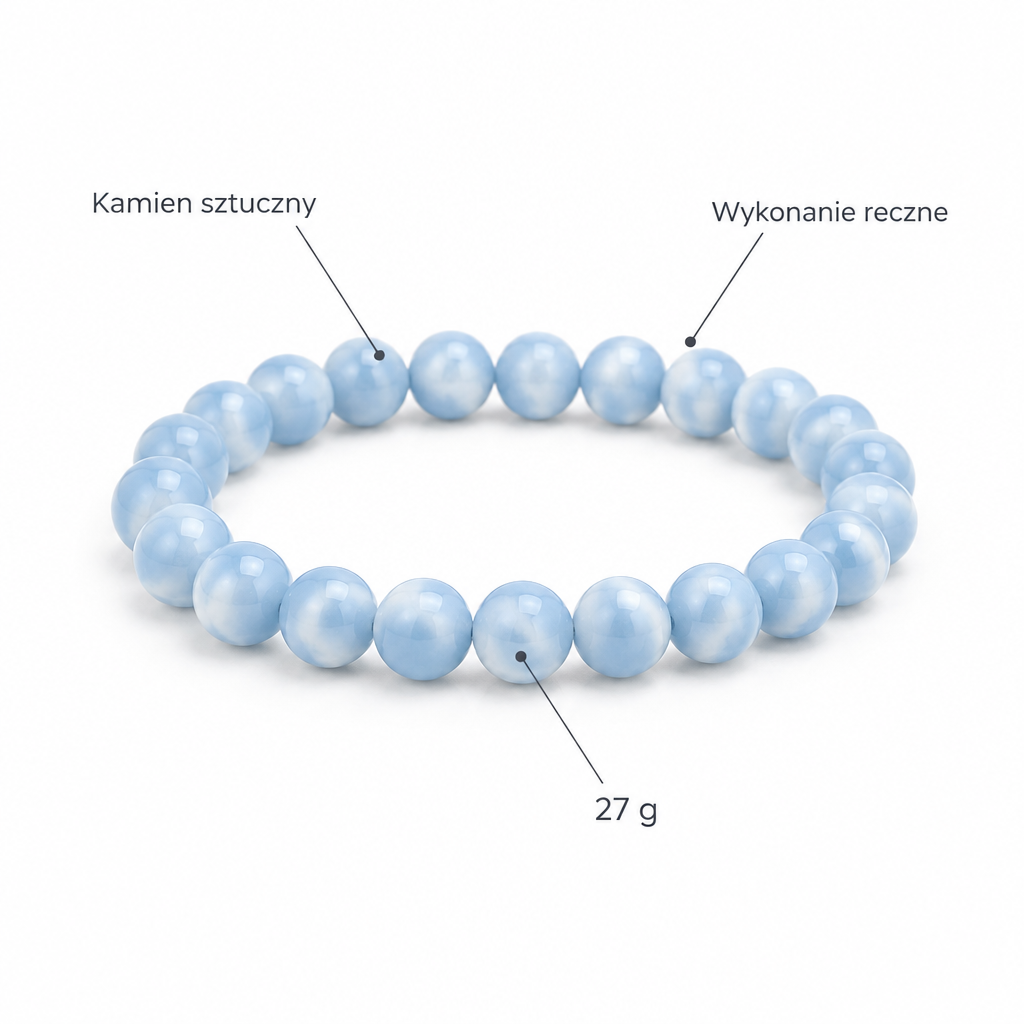 Bransoletka Blue Dream Agate, specyfikacja na bialym tle, kamien sztuczny, wykonanie reczne, 27 g