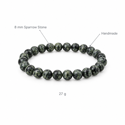 Bransoletka z kamienia wróblowego, specyfikacja na bialym tle, 8 mm Sparrow Stone, Handmade, 27 g