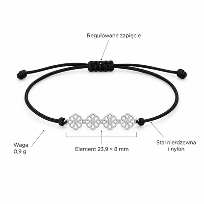 Czarna bransoletka sznurkowa, specyfikacja po polsku, element 23,9 na 8 mm, waga 0,9 g