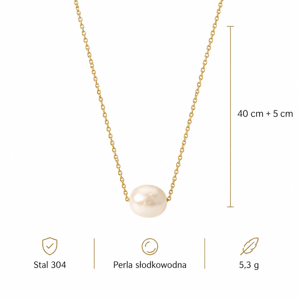 Wymiary naszyjnika z perłą: długość 40 cm + 5 cm, waga 5,3 g