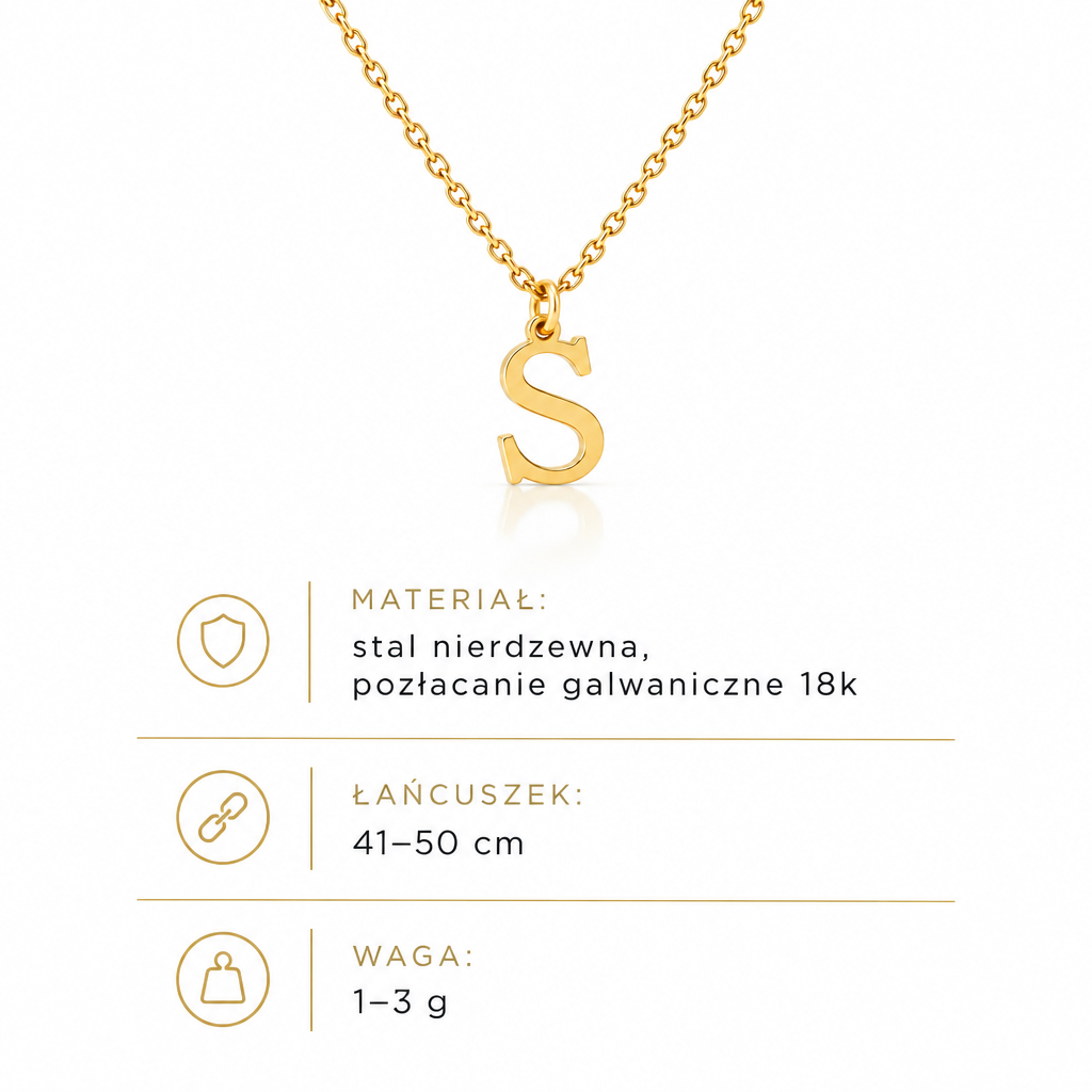 Specyfikacja złotego naszyjnika z literą S: łańcuszek 41–50 cm, waga 1–3 g
