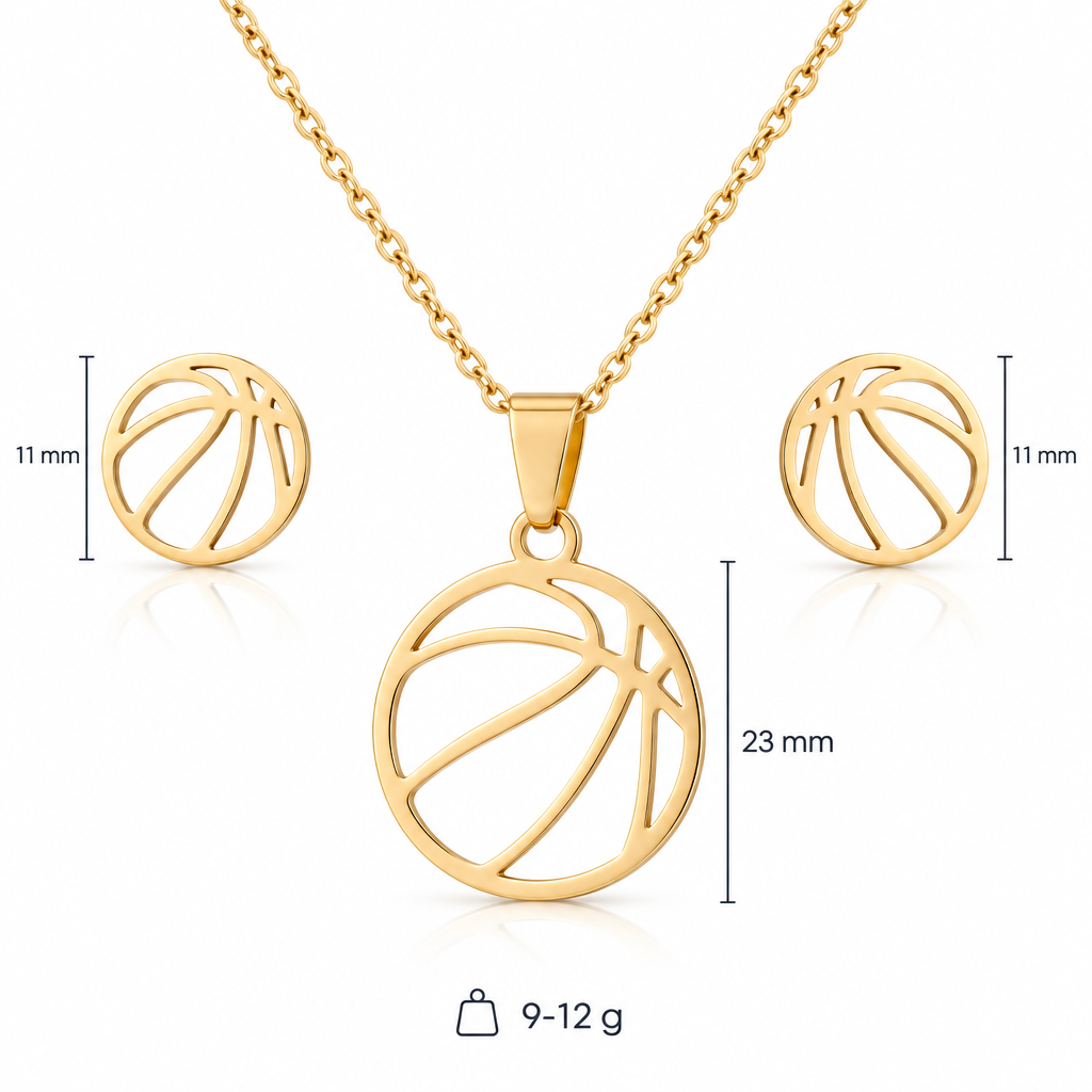 Specyfikacja złotego zestawu z koszykówką: zawieszka 23 mm, kolczyki 11 mm, waga 9–12 g, stal nierdzewna