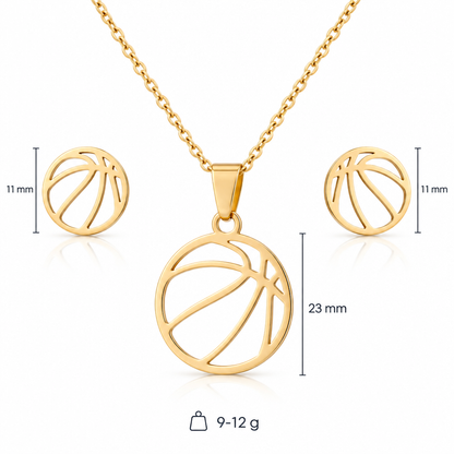 Specyfikacja złotego zestawu z koszykówką: zawieszka 23 mm, kolczyki 11 mm, waga 9–12 g, stal nierdzewna