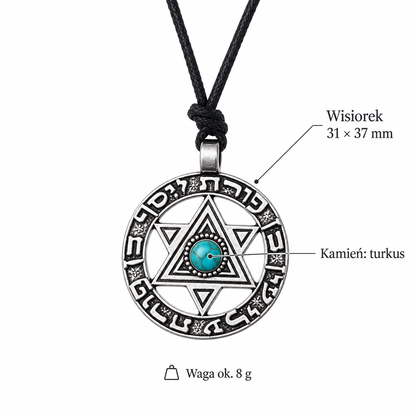 Specyfikacja naszyjnika z gwiazdą Dawida i turkusem – wisiorek 31 × 37 mm, kamień turkus, waga ok. 8 g