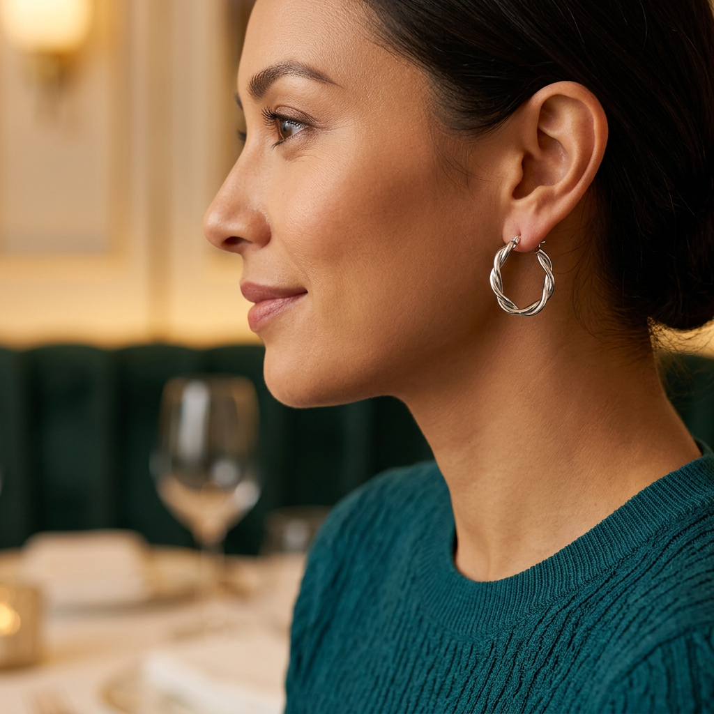 Kolczyki koła ze skręconym profilem w stylizacji w restauracji