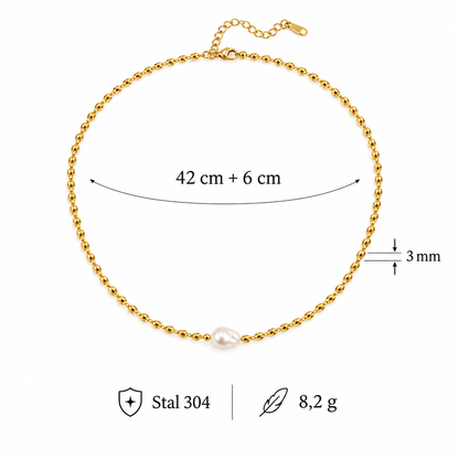 Wymiary chokera z perłą: długość 42 cm + 6 cm, szerokość 3 mm, waga 8,2 g