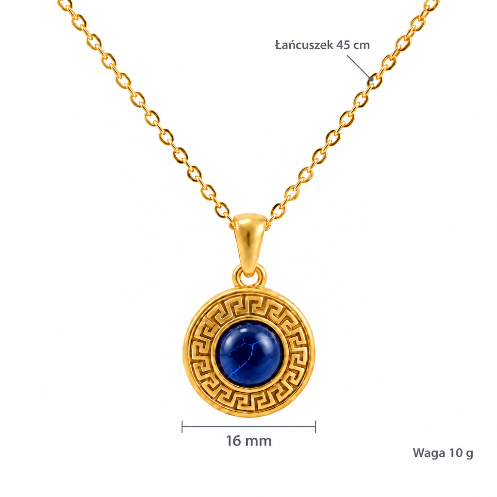 Specyfikacja złotego naszyjnika z kamieniem saphirblau w meandrze: wisiorek 16 mm, łańcuszek 45 cm, waga 10 g