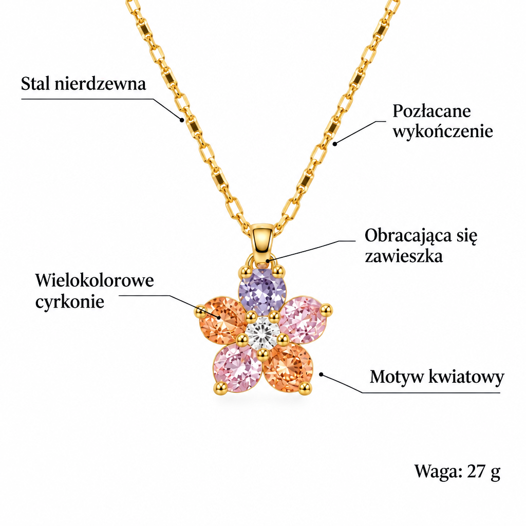 Specyfikacja naszyjnika: stal nierdzewna, pozlacane wykonczenie, wielokolorowe cyrkonie, obracajaca sie zawieszka, motyw kwiatowy, waga 27 g