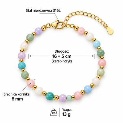 Specyfikacja kolorowej bransoletki: koraliki 6 mm, długość 16 + 5 cm, waga 13 g, stal nierdzewna 316L