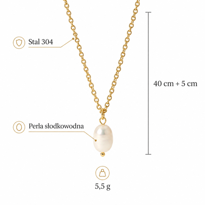 Wymiary naszyjnika z wisiorkiem z perły: długość 40 cm + 5 cm, waga 5,5 g