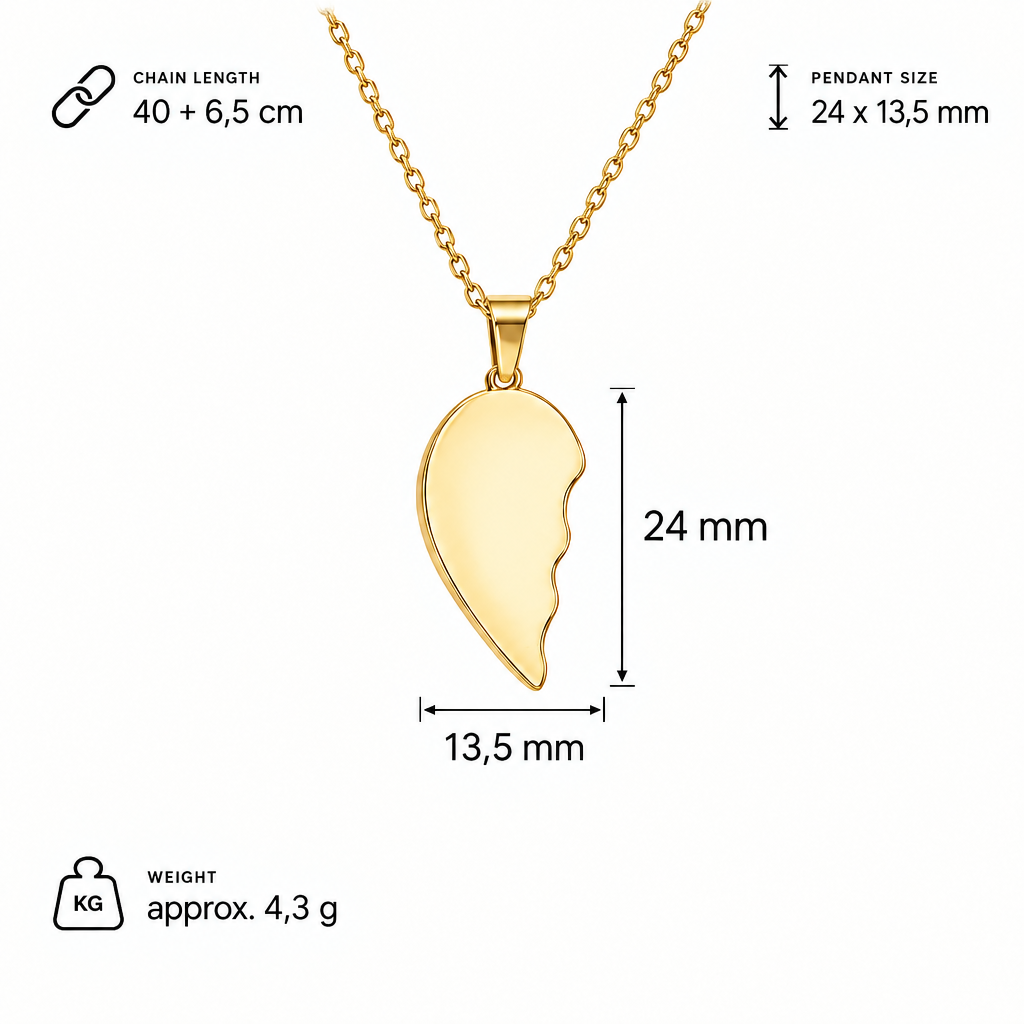 Specyfikacja złotego naszyjnika z połówką serca – wisiorek 24 × 13,5 mm, łańcuszek 40 + 6,5 cm, waga ok. 4,3 g