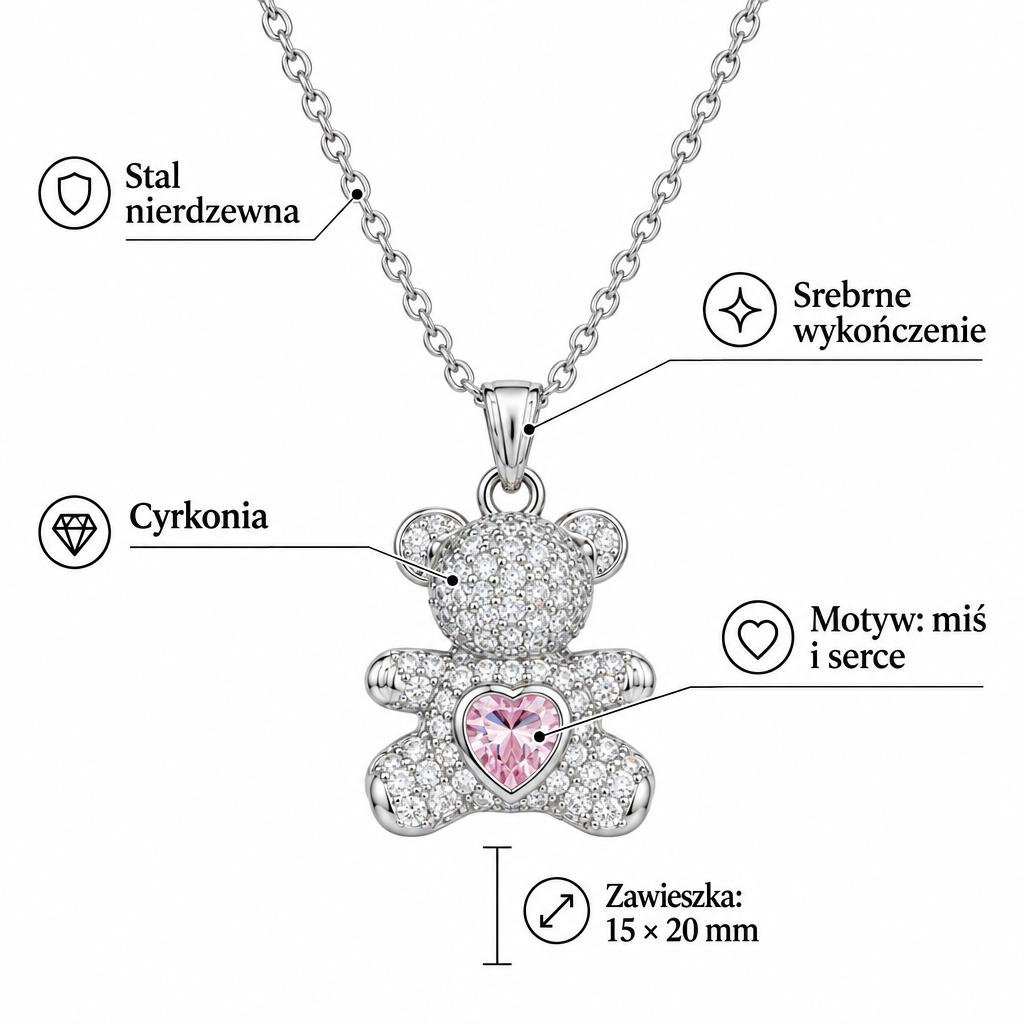 Specyfikacja srebrnego naszyjnika: stal nierdzewna, cyrkonia, motyw miś i serce, zawieszka 15 × 20 mm