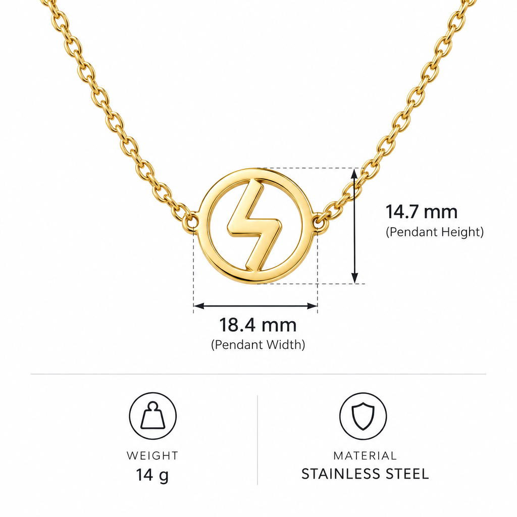 Wymiary i specyfikacja zlotego naszyjnika z symbolem blyskawicy 14,7 na 18,4 mm