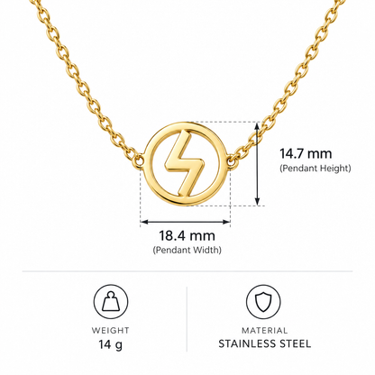 Wymiary i specyfikacja zlotego naszyjnika z symbolem blyskawicy 14,7 na 18,4 mm