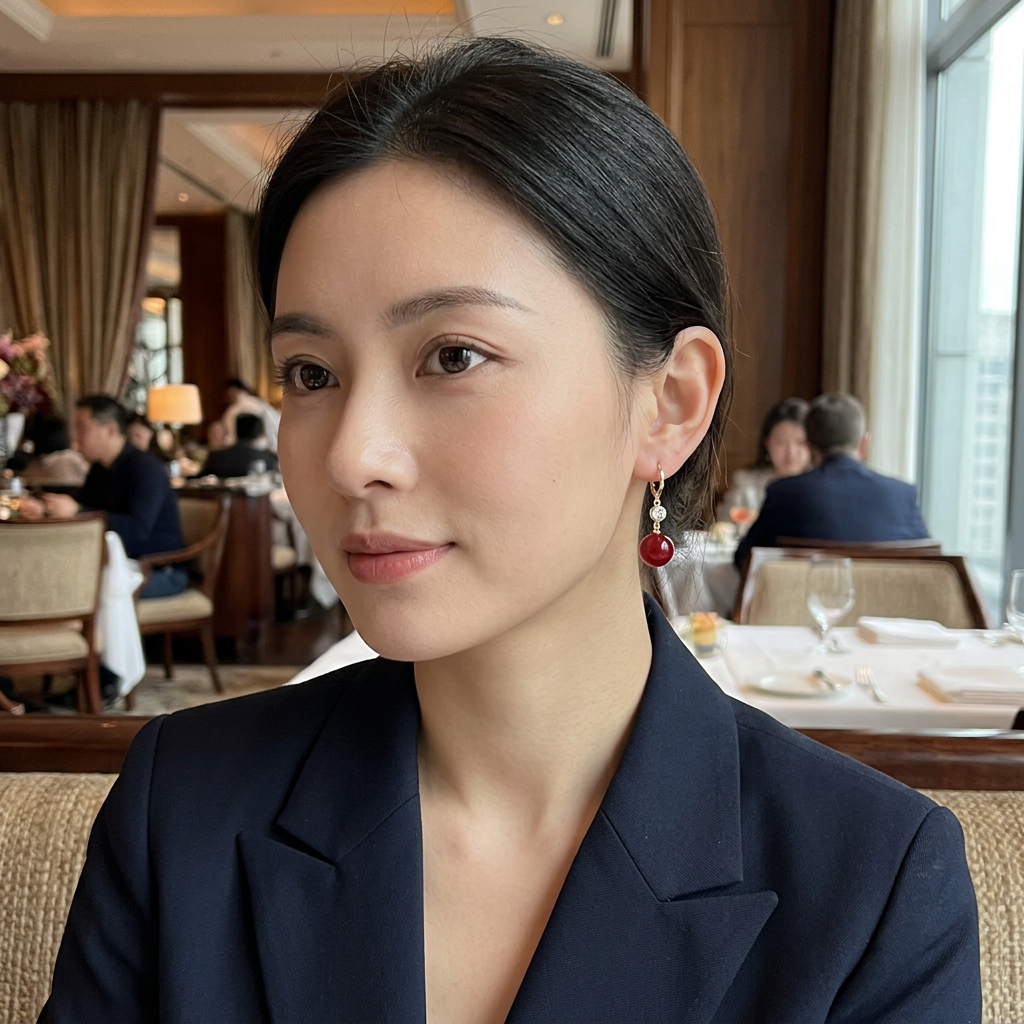 Modelka ze złotym kolczykiem z czerwonym kamieniem typu kocie oko w restauracji