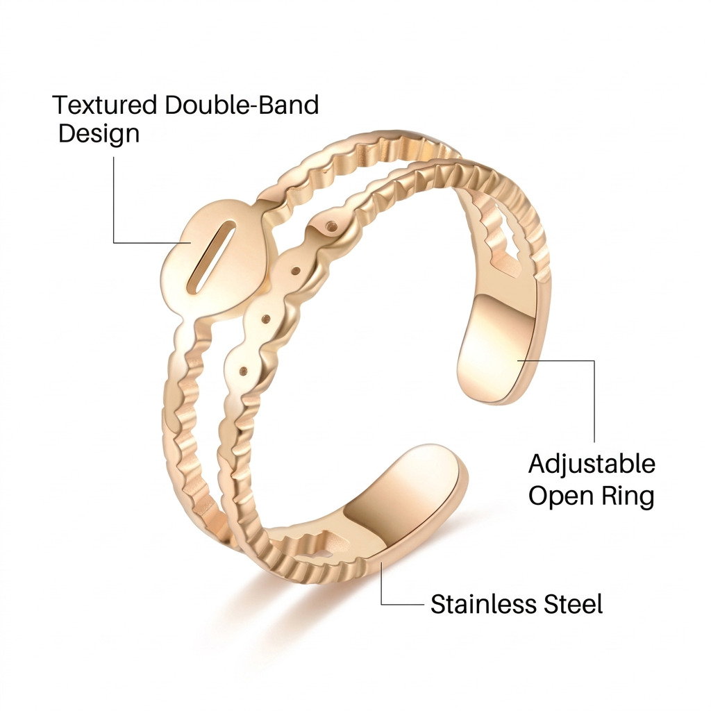 Złoty fakturowany pierścionek, specyfikacja po angielsku na białym tle